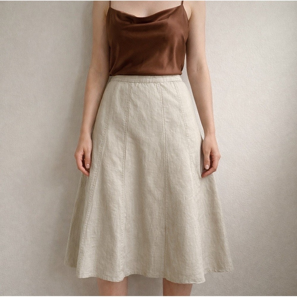 Carole Little Linen Blend A-Line Midi Skirt Sz 14 Beige Flowy Panel Boho Cottage